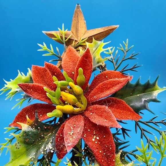 Merry Christmas Tree Snowman Flocked Poinsettia 1970s Kitsch Plastic Hong Kong - Picture 5 of 10